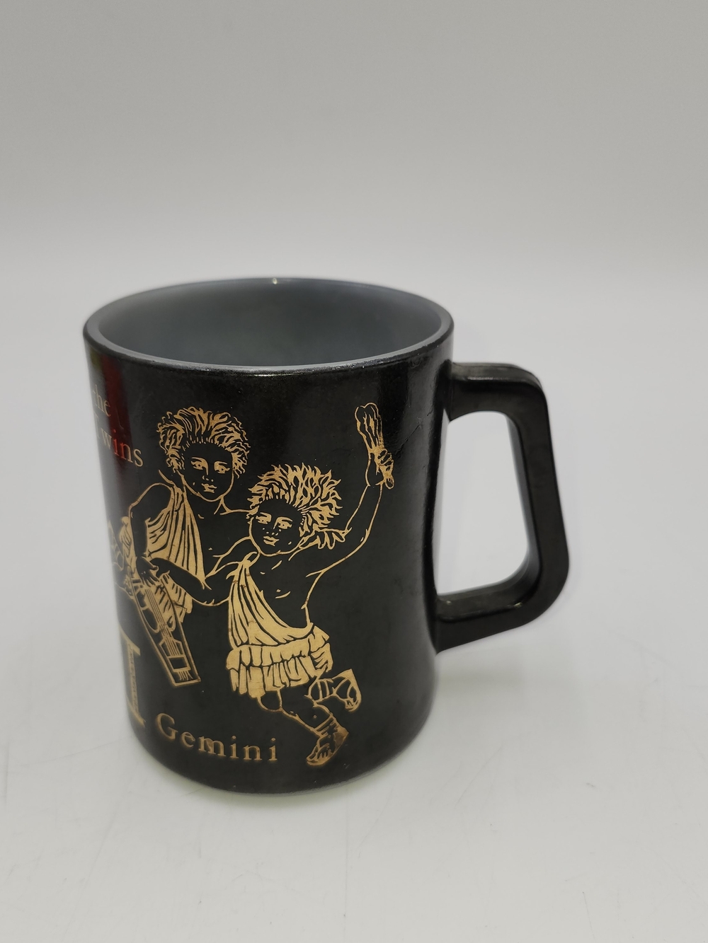 Vintage Fire King Milk Glass Coffee Mug Zodiac Gemini Astrology Black & Gold